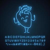 gelukkig menselijk hart emoji neon licht icoon. gezondheid van het cardiovasculaire systeem. gezond inwendig orgaan. gloeiend bord met alfabet, cijfers en symbolen. vector geïsoleerde illustratie