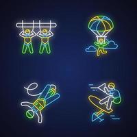 lucht extreme sport neon licht iconen set. reuzenschommel, parachutespringen, bungeejumpen en wakeboarden. buitenactiviteiten. adrenaline-entertainment en risicovolle recreatie. geïsoleerde vectorillustraties vector