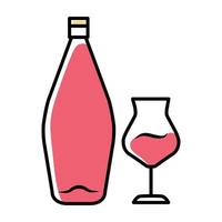 wijn roze kleur pictogram. alcohol reep. fles en wijnglas. alcoholische drank. restaurantservice. glaswerk voor dessert madeira wijn. geïsoleerde vectorillustratie vector