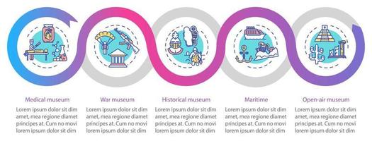 tentoonstelling en museum vector infographic sjabloon. openlucht expositie presentatie ontwerpelementen. datavisualisatie met vijf stappen. proces tijdlijn grafiek. workflowlay-out met lineaire pictogrammen