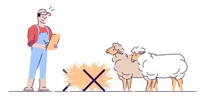 schapenhouderij platte vectorillustratie. veeteelt, veeteelt geïsoleerd concept. schapen fokken. mannelijke boer die aantekeningen maakt stripfiguur met omtrek. diervoeding en voeding vector