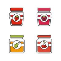 fruit conserven kleur iconen set. peren-, kersen-, frambozen- en aardbeienjampotjes. geïsoleerde vectorillustraties vector