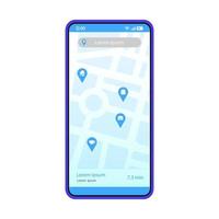 gps-navigatie app interface vector sjabloon. mobiele applicatie pagina blauwe ontwerplay-out. scherm voor het zoeken naar routes. platte ui-applicatie. bestemming kiezen. telefoondisplay met digitale kaart, pinpoints