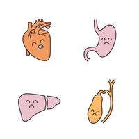 triest menselijke interne organen kleur iconen set. ongelukkig hart, maag, lever, galblaas. ongezonde cardiovasculaire en spijsverteringssystemen. geïsoleerde vectorillustraties vector