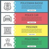 politie webbanner sjablonen set. politieagent, badge, auto, gevangene. website kleur menu-items met lineaire pictogrammen. ontwerpconcepten voor vectorkoppen vector