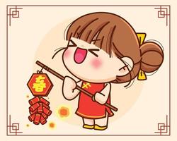 schattig chinees meisje met vuurwerk chinees gelukkig chinees jaar karakter festival viering hand getekende cartoon kunst illustratie vector