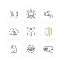 veiligheidslijn iconen set, beveiligde cloud, sleutel, slot, schild, kluis, videobewaking, online beveiliging, veiligheid vector