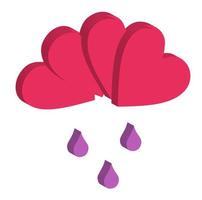 3D-vectorpictogram wolkvormig liefde rood hart en paarse regendruppels, romantisch thema vector
