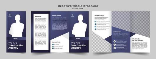 driebladig brochureontwerp met donkerblauwe kleur vector
