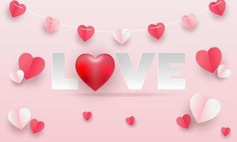 Valentijnsdag concept achtergrond. vectorillustratie. 3D-rode en roze papieren harten met wit vierkant frame. leuke liefdesverkoopbanner of wenskaart vector