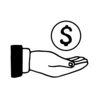 hand met munt pictogram opgesteld in doodle stijl. vector, zeer fijne tekeningen, noords, scandinavisch, minimalisme, zwart-wit. sticker. bankeconomie bedrijfsfinanciering vector