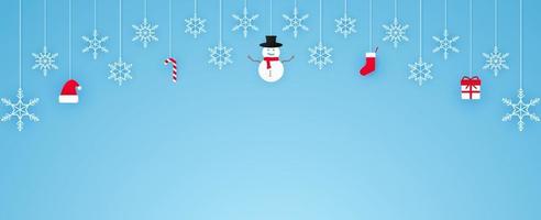 vrolijk kerstfeest, sneeuwvlokken en dingen die hangen, bannerachtergrond, kopieerruimte, papierkunststijl vector