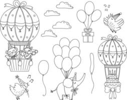 vector zwart-wit set met heteluchtballonnen, schattige dieren, vogels en wolken. schattig overzicht vliegende karakters pack. grappige verjaardagsfeestje clipart collectie. vakantie lijn pictogrammen voor kinderen.