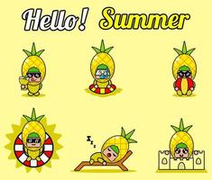 vector schattig stripfiguur ananas fruit mascotte kostuum set collectie hallo zomer bundel