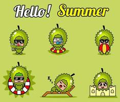 vector schattig stripfiguur durian fruit mascotte kostuum set collectie hallo zomer bundel
