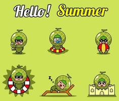 vector schattig stripfiguur meloen fruit mascotte kostuum set collectie hallo zomer bundel
