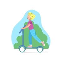 een meisje rijdt op een scooter in het park. vectorillustratie op een witte achtergrond. vector