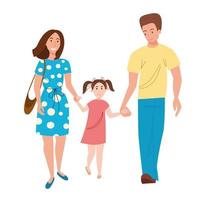 een paar ouders lopen met hun dochter hand in hand. vector