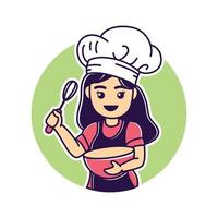 schattige bakkerij chef-kok cartoon met garde en kom