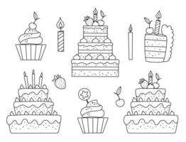 vector zwart-wit set met verjaardagstaarten, kaarsen en cupcakes. leuke overzichtsmaaltijd of candybar-elementen. grappige dessertillustratie voor kaart, poster, printontwerp. vakantie lijn pictogrammen.