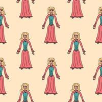 doodle gelukkige jonge dame in historische jurk naadloze patroon. hippie of boho stijl jurk op meisje achtergrond. vector