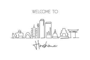 een doorlopende lijntekening de skyline van de stad van Hiroshima, Japan. mooi oriëntatiepunt. wereld landschap toerisme reizen vakantie poster kunst. bewerkbare stijlvolle lijn enkele lijn tekenen ontwerp vectorillustratie vector