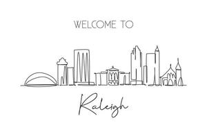 een enkele lijntekening van de skyline van de stad Raleigh, Verenigde Staten. historisch stadslandschap. beste vakantiebestemming wanddecoratie vector