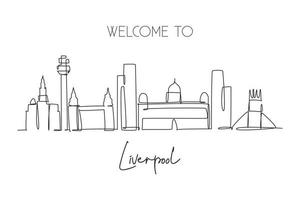 een enkele lijntekening skyline van de stad Liverpool. historische stad wolkenkrabber landschap in de wereld. beste bestemming thuis muur decor poster print concept. doorlopende lijn tekenen ontwerp vectorillustratie vector