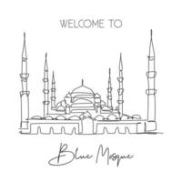 een enkele lijntekening blauwe moskee landmark. beroemde plaats in istanbul, turkije. toerisme reizen briefkaart home decor kunst aan de muur poster print concept. moderne doorlopende lijn tekenen ontwerp vectorillustratie vector