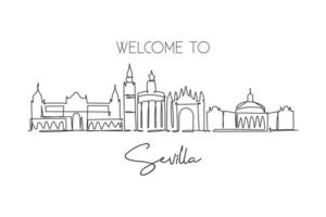 een doorlopende lijntekening van de skyline van de stad van Sevilla, Spanje. mooie wolkenkrabber. wereld landschap toerisme reizen vakantie muur decor poster concept. stijlvolle enkele lijn tekenen ontwerp vectorillustratie vector