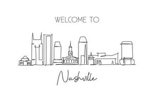 enkele doorlopende lijntekening van de skyline van de stad van Nashville, Tennessee. beroemde stad schraper landschap. wereld reizen concept home muur decor poster print. moderne één lijn tekenen ontwerp vectorillustratie vector