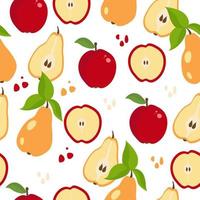 appel, peer en fruit helften met bladeren naadloze patroon op witte achtergrond. platte vectorillustratie vector