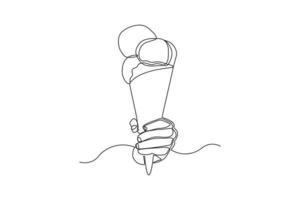 doorlopende lijntekening hand met heerlijk vers ijsje. enkele een lijn kunst van hand met zoete ijs gelato woestijn. vector illustratie