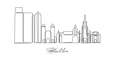 enkele doorlopende lijntekening van de skyline van medellin, colombia. beroemde stad schraper landschap. wereld reizen huis muur decor art poster print concept. moderne één lijn tekenen ontwerp vectorillustratie vector