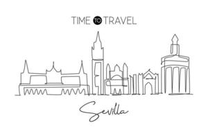 één enkele lijntekening van de skyline van de stad van Sevilla, Spanje. historisch wolkenkrabberlandschap in wereldbriefkaart. beste vakantiebestemming muur decor poster. doorlopende lijn tekenen ontwerp vectorillustratie vector