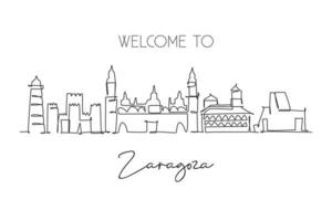 een doorlopende lijntekening zaragoza city skyline spanje. mooie wolkenkrabber briefkaart. wereld landschap toerisme reizen vakantie muur decor poster concept. enkele lijn tekenen ontwerp vectorillustratie vector