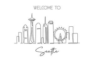 enkele doorlopende lijntekening van de skyline van de stad van Seattle, Verenigde Staten. beroemde stad schraper en landschap huis muur decor poster print art. wereld reizen concept. moderne één lijn tekenen ontwerp vectorillustratie vector