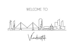 één enkele lijntekening van de skyline van de stad van Vladivostok, Rusland. wereldstad landschap briefkaart. beste plaats vakantiebestemming. bewerkbare lijn trendy doorlopende lijn tekenen ontwerp kunst vectorillustratie vector