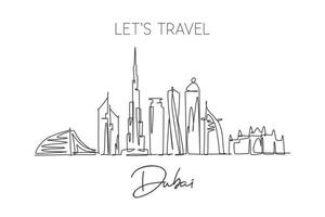 een enkele lijntekening van de skyline van Dubai, Verenigde Arabische Emiraten. historisch landschap ansichtkaart kunst. beste vakantiebestemming. bewerkbare lijn trendy doorlopende lijn tekenen ontwerp vectorillustratie vector