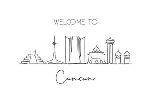 een doorlopende lijntekening cancun city skyline, mexico. mooie historische ansichtkaart. wereld landschap toerisme en reizen vakantie. bewerkbare stijlvolle lijn enkele lijn tekenen ontwerp vectorillustratie vector