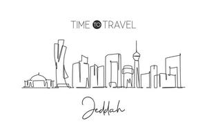 een enkele lijntekening van de skyline van de stad jeddah, saoedi-arabië. wereld historisch stadslandschap. beste vakantiebestemming muur decor poster print. trendy doorlopende lijn tekenen ontwerp vectorillustratie vector