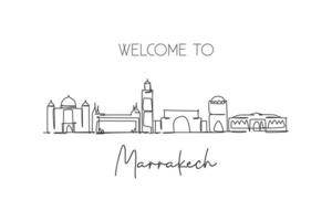 enkele doorlopende lijntekening van de skyline van de stad van marrakech, marokko. beroemde stad schraper en landschap home muur decor poster print. wereld reizen concept. moderne één lijn tekenen ontwerp vectorillustratie vector