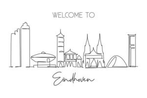 enkele doorlopende lijntekening van de skyline van de stad eindhoven, nederland. beroemde wolkenkrabber en landschapsbriefkaart. wereld reizen muur decor poster concept. moderne één lijn tekenen ontwerp vectorillustratie vector