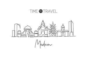 een doorlopende lijntekening medan skyline van de stad indonesië. mooie stad landmark home decor kunst aan de muur poster print. wereld landschap toerisme reizen vakantie. enkele lijn tekenen ontwerp vectorillustratie vector