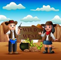 cowboy en cowgirl op de achtergrond van rotsachtige woestijn vector