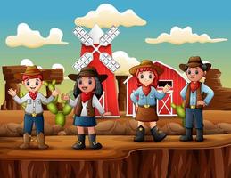 groep cowboys en cowgirls op de achtergrond van een boerderij in het wilde westen vector
