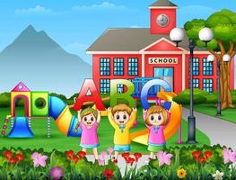 klein kind met abc letter op het schoolplein vector