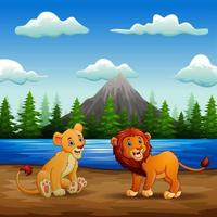 leeuwen cartoon spelen in de rivier vector