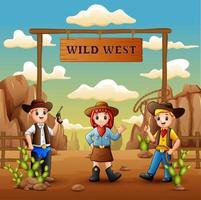 cartoon cowboys en cowgirl op de achtergrond van het wilde westen vector