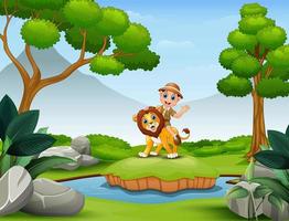 gelukkige dierenverzorger jongen en leeuw spelen in de natuur vector